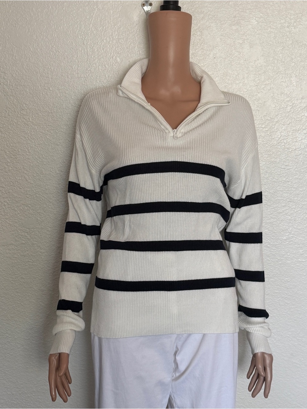 Culture Couture Cream Navy Striped Quarter Zip Sweater Nautical Pullover Sz M